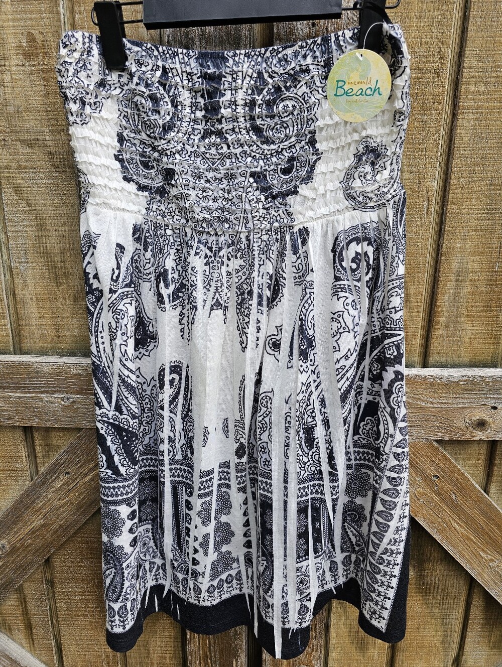 NWT One World Beach Strapless Smocked Dress Paisley Border Print Swim Cover